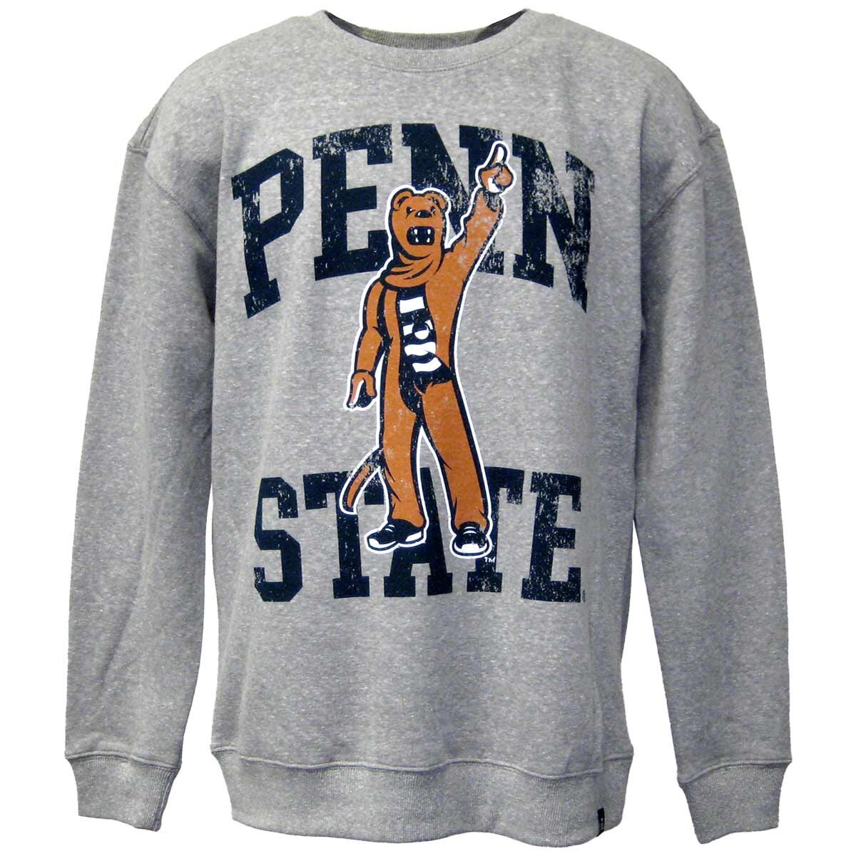 heather gray crew neck sweatshirt with distressed printed Nittany Lion Mascot in front of Penn State